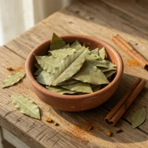 তেজপাতা — আস্ত শুকনো সুগন্ধি পাতা, কাঠের পাত্রে