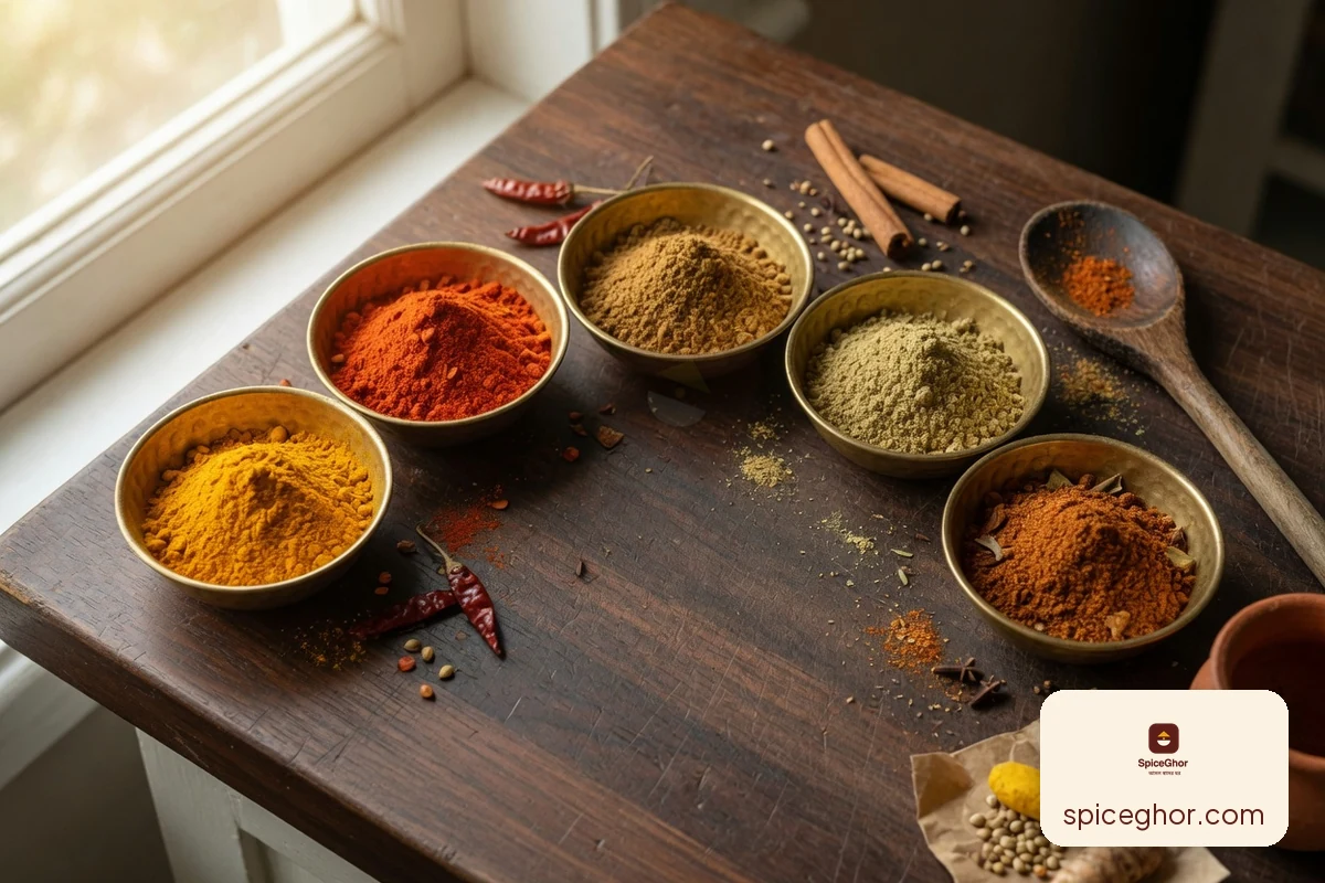 বাঙালি রান্নার পাঁচটি প্রধান মসলা — হলুদ, মরিচ, জিরা, ধনিয়া ও গরম মসলা