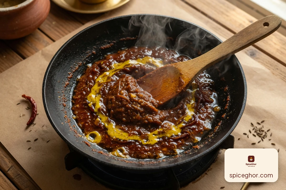 কড়াইয়ে ধনিয়া-জিরা ও হলুদ-মরিচ গুঁড়া কষানো হচ্ছে, মসলা থেকে তেল আলাদা হয়ে ভেসে উঠছে — সঠিক ভুনার লক্ষণ