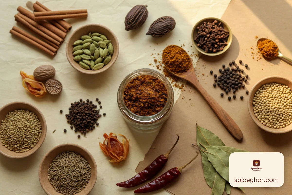 ঘরে বিরিয়ানি মসলা বানানোর সব আস্ত উপকরণ — দারুচিনি, এলাচ, লবঙ্গ, জয়ফল, জয়ত্রী, শাহি জিরা, ধনিয়া ও গোলমরিচ — সঙ্গে তাজা গুঁড়ো করা মসলার বয়াম