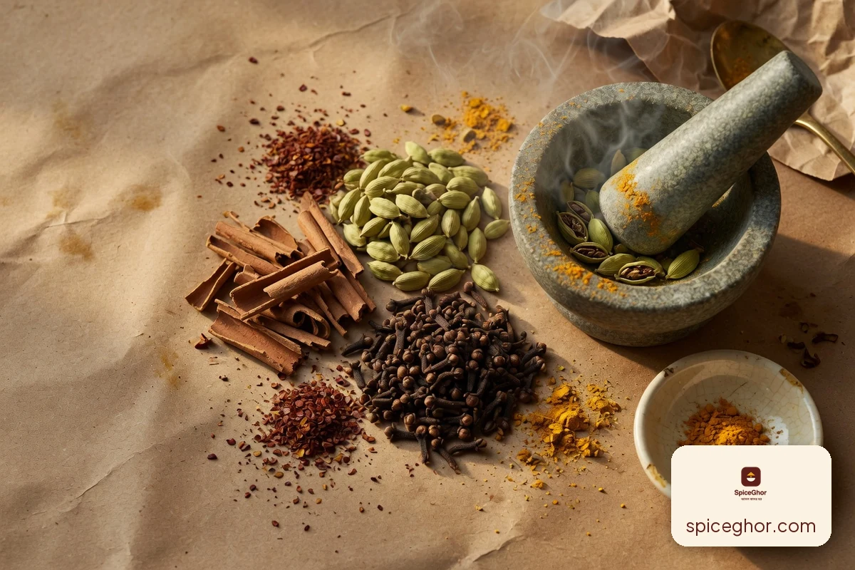 বাঙালি গরম মসলার মূল উপাদান—দারচিনি, এলাচ ও লবঙ্গ পাথরের শিল-নোড়ার পাশে সাজানো