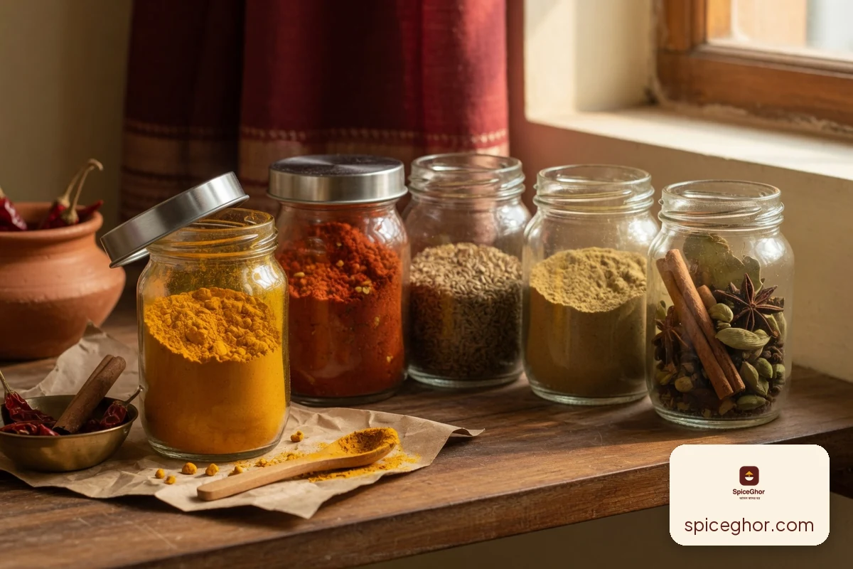 সারিবদ্ধ বাতাসবন্ধ কাচের কৌটায় রাখা রঙিন তাজা গুঁড়া ও গোটা মসলা, পাশে শুকনো কাঠের চামচ
