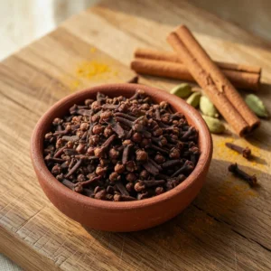 লবঙ্গ — তাজা আস্ত লবঙ্গ, কাঠের পাত্রে