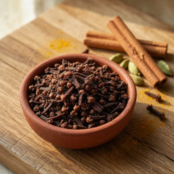 লবঙ্গ — তাজা আস্ত লবঙ্গ, কাঠের পাত্রে
