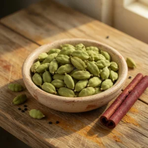 সবুজ এলাচ — তাজা পরিপুষ্ট সবুজ এলাচ দানা, কাঠের পাত্রে