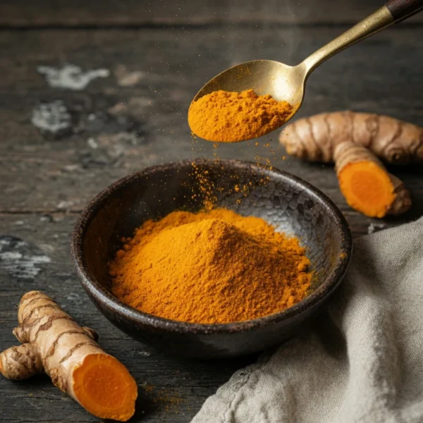 SpiceGhor হলুদ গুঁড়া — সদ্য ভাঙানো খাঁটি তাজা হলুদ, কালো বাটিতে