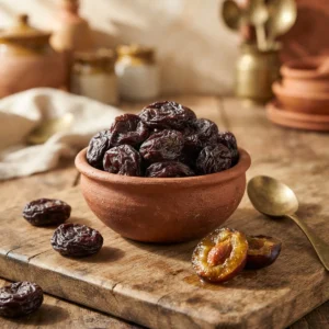আলুবোখারা — গাঢ় বেগুনি-বাদামি নরম শুকনো টক বরই, মাটির বাটিতে