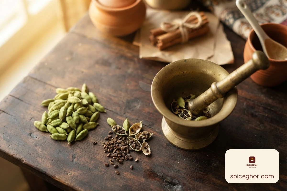 উজ্জ্বল সবুজ গোটা এলাচ ও থেঁতো করা এলাচ পাশাপাশি, পাথর-পিতলের হামানদিস্তায় ভাঙা এলাচের ভেতরের সুগন্ধি বীজ দেখা যাচ্ছে