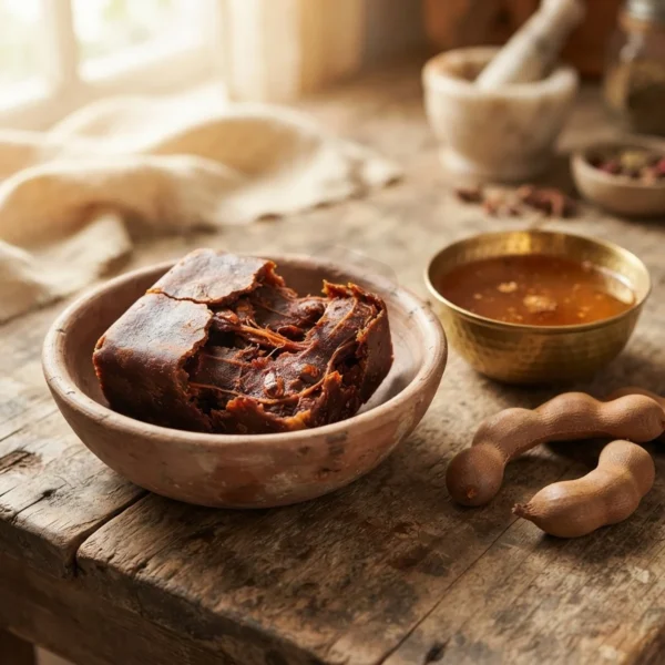 তেঁতুল — বীজছাড়া গাঢ় লালচে-বাদামি তেঁতুলের মণ্ড, মাটির বাটিতে