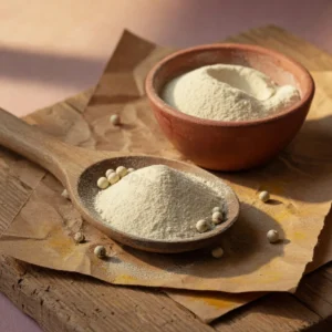 সাদা গোলমরিচ গুঁড়া — মিহি ক্রিম-সাদা গুঁড়া, কাঠের চামচে